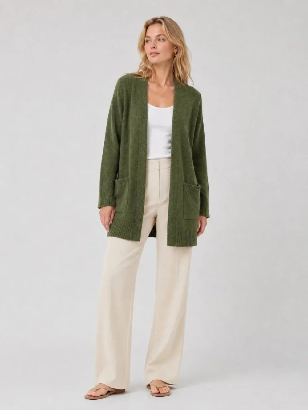 2/$30 a new day Open Duster Cardigan Patch Pockets Green Small #A3139